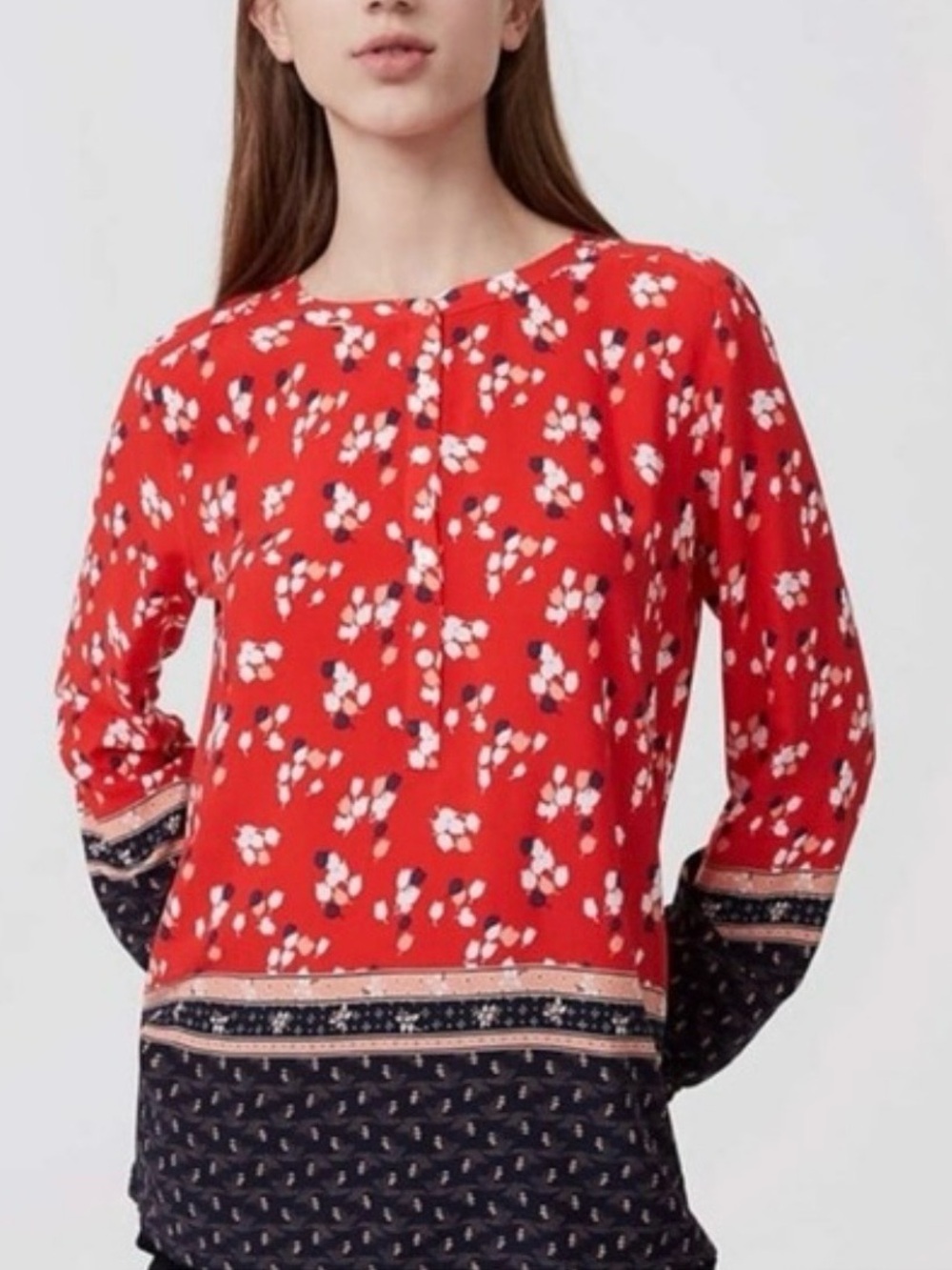 LOFT Red Floral Patchwork-Trim Long Sleeve Tunic Womens size L